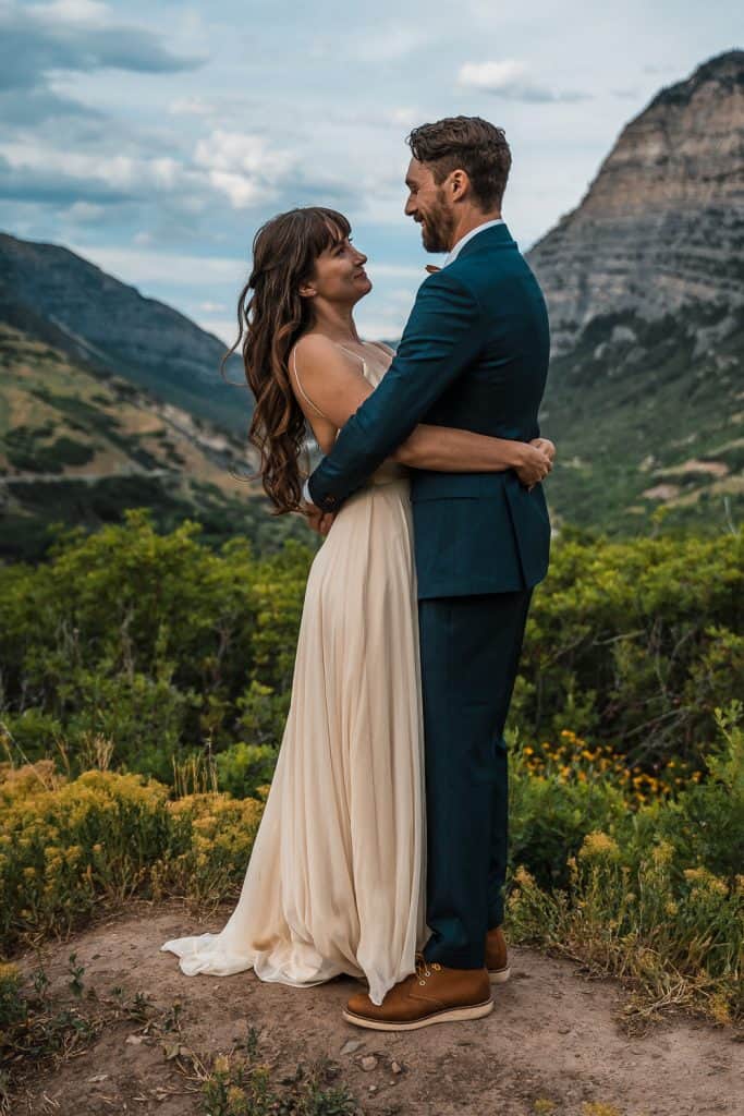 couple hugging facing each other on their Utah elopement in Provo Canyon