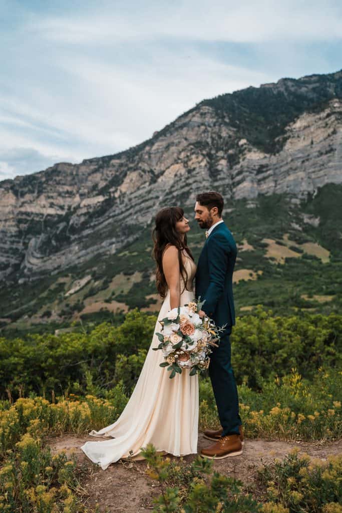 couple smiling at each other Utah elopement in Provo Canyon