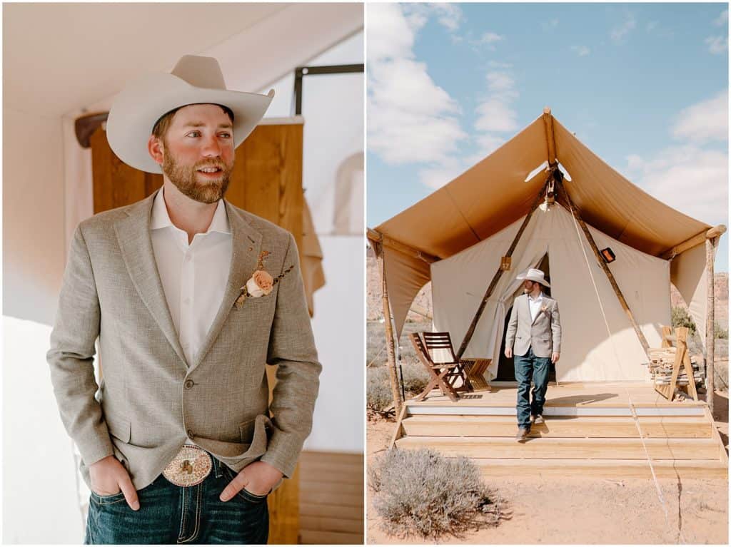 groom standing in front of clamping tent for Arches National Park Elopement