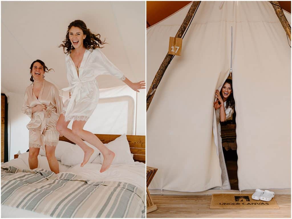 bride and best friend jumping on bed 