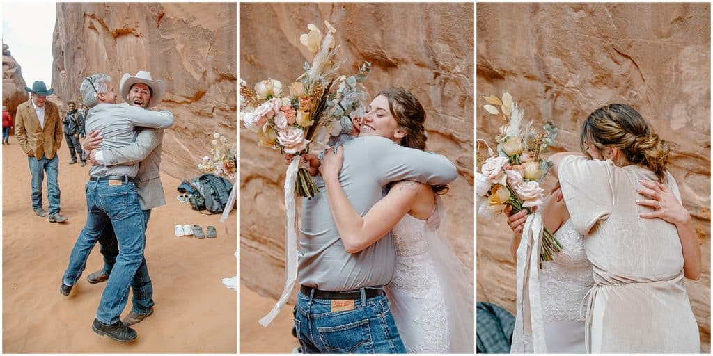 couple hugging family and friends after Arches National Park Elopement