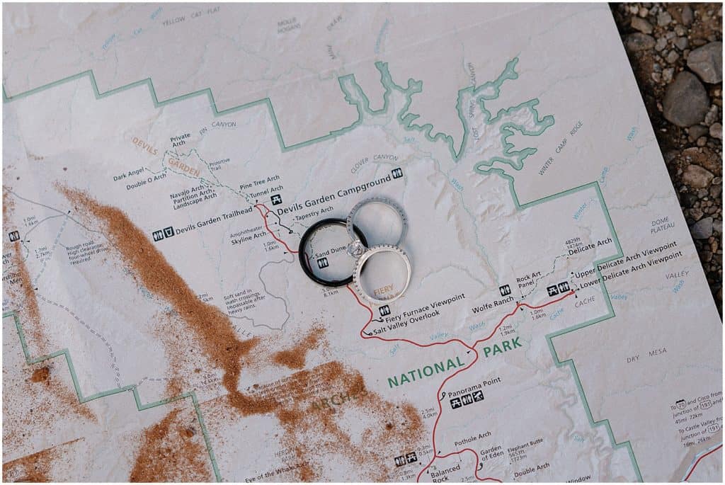 map shown with rings over location of Arches National Park Elopement