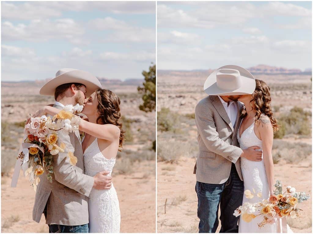 bride and groom kissing in Arches National Park Elopement