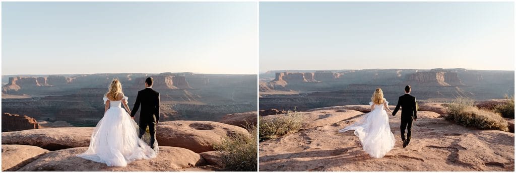 two pictures side by side. bride and groom facing the canyon. with a spectacular view of the natural beauty of moab utah. bride tulle skirt flowing in wind

