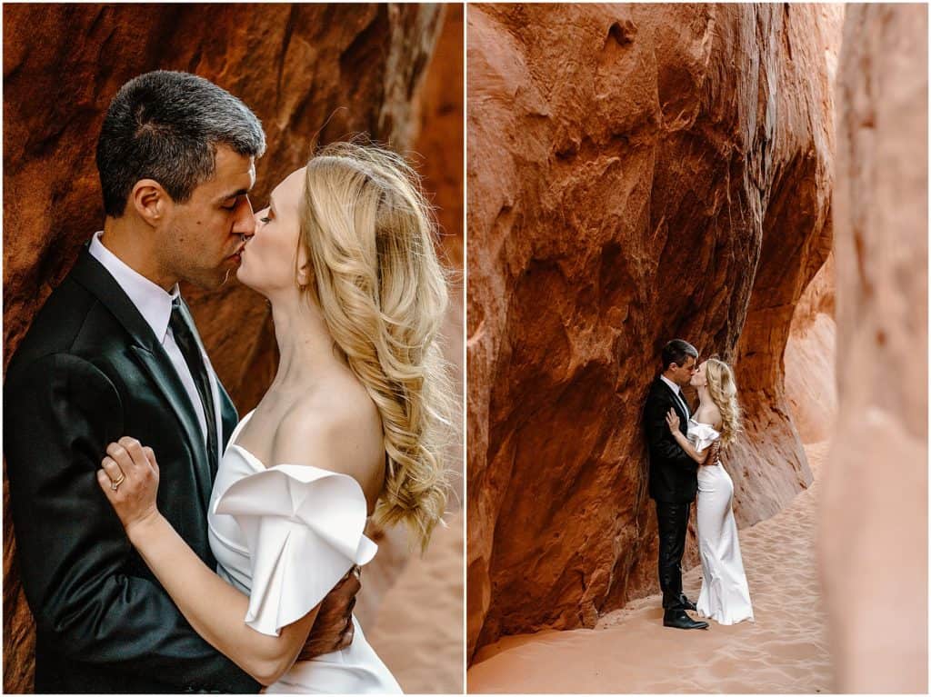 bride and groom kissing after moab elopement.