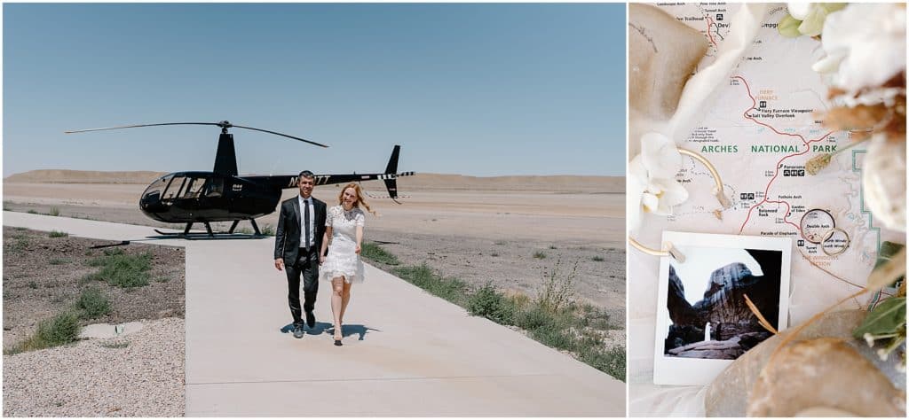 couple walking away from helicopter. that is taking them to the canyonlands national park. on their moab elopement day for a photoshoot.
