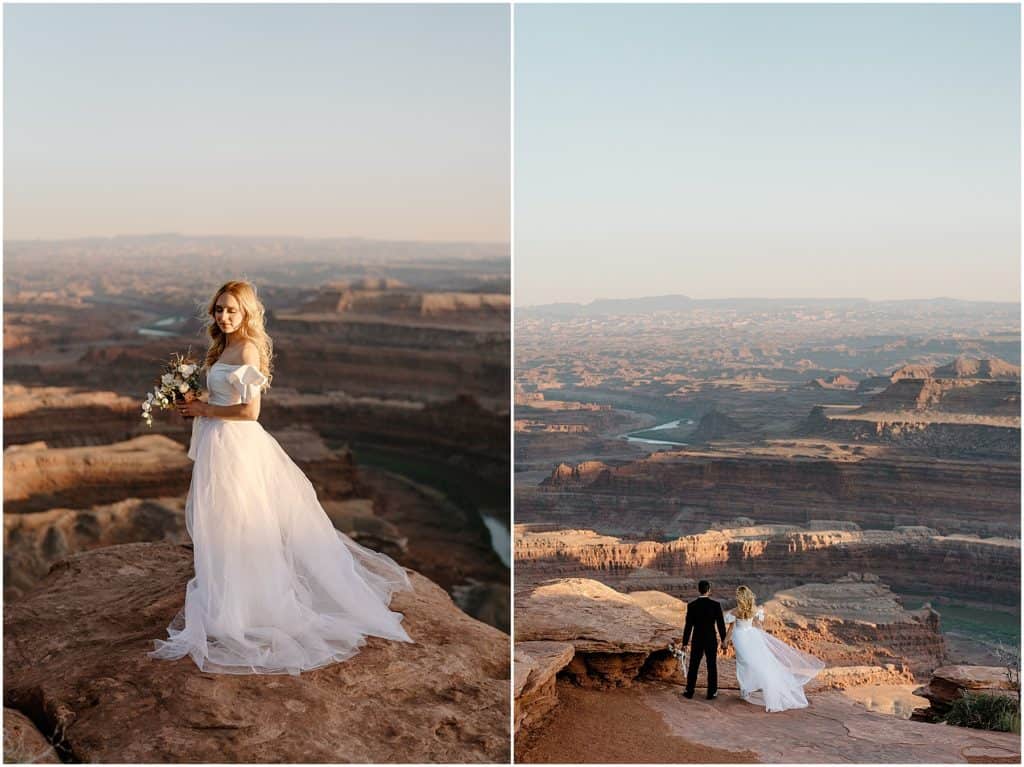 bride portrait shot with canyonlands behind her. on her day at moab for her elopement.