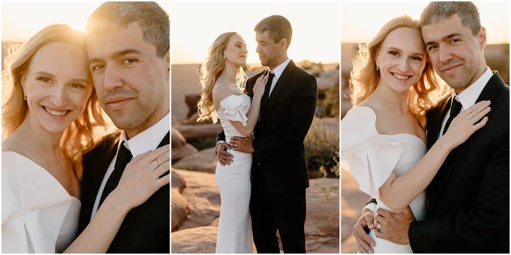 couple smiling at the camera with the golden sunset in the background. moab elopement day