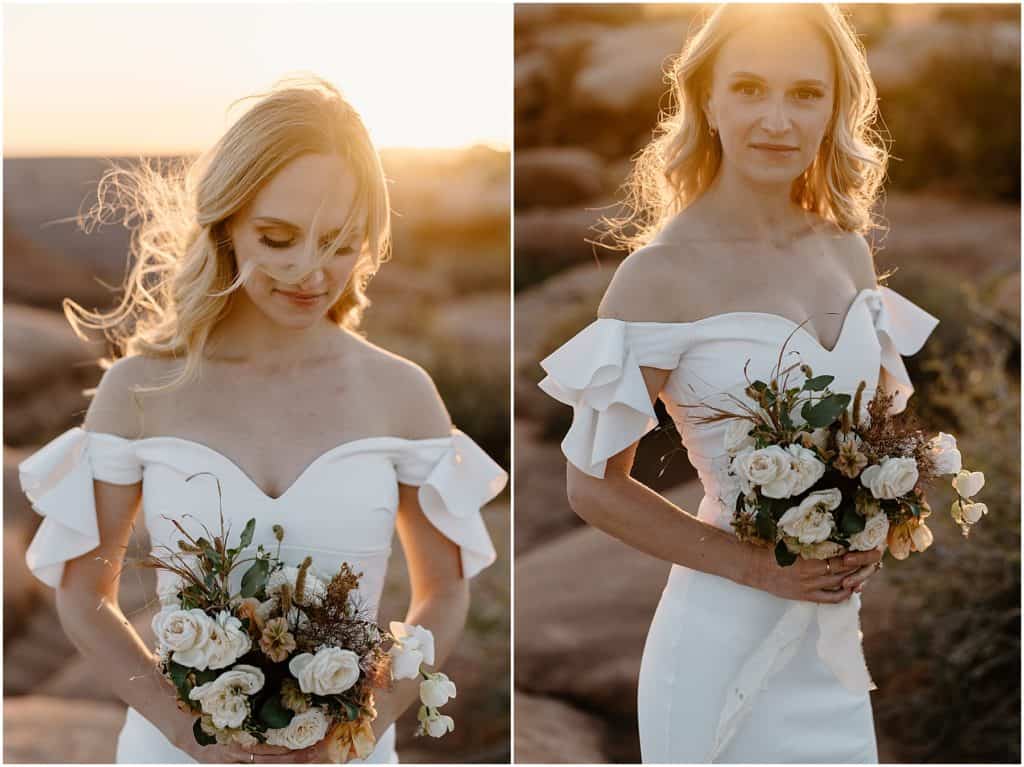 bride portrait pics side by side. while holding classy bouquet of flowers. in the golden sunset at the end of her moab elopement in utah