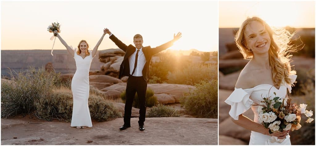 couple with arms up in the air celebrating their moab elopement