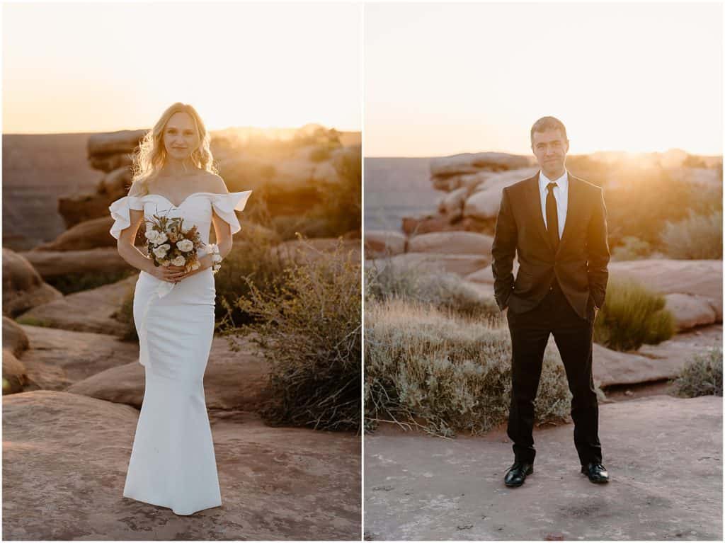 Bride and groom portraits side by side. with the sunset in the background at the end of their moab elopement 