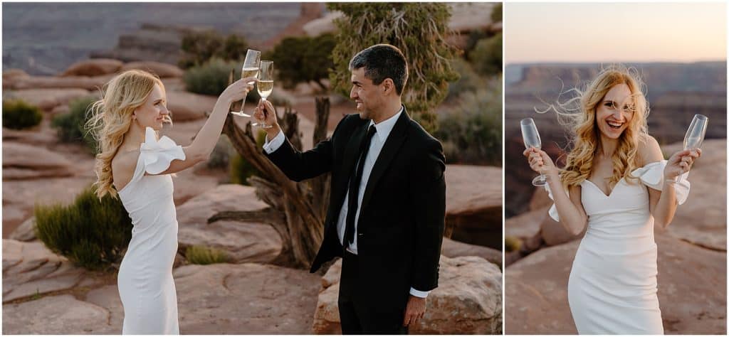 couple drinking champagne out of champagne flutes. on their wedding elopement in moab.