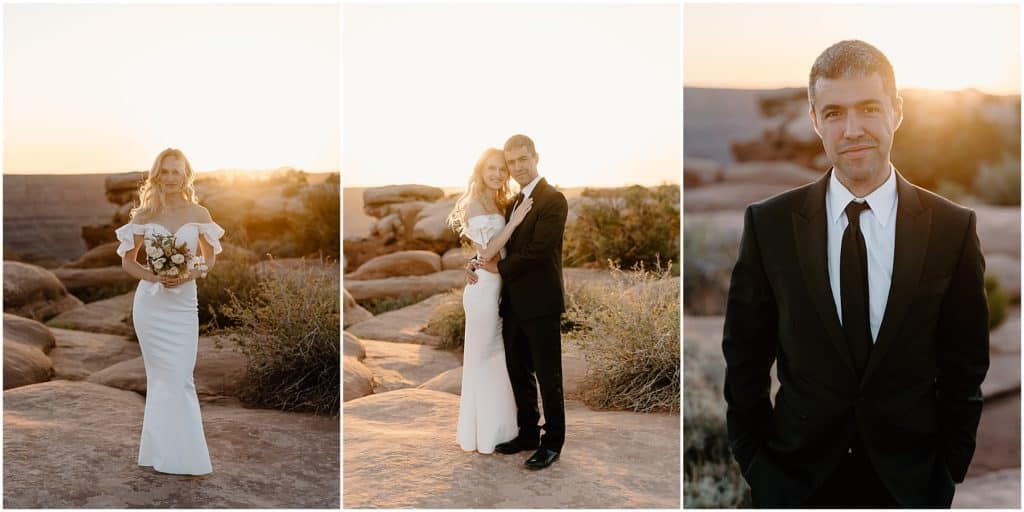 couple smiling at the camera with the golden sunset in the background. moab elopement day