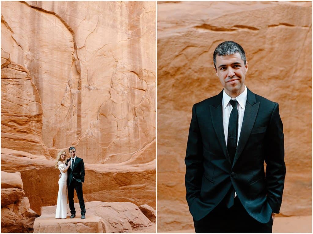 bride and groom in front of rock wall and a portrait shot of groom 
