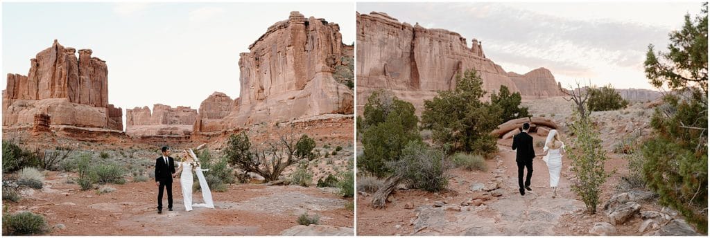 couple after their first look in moab for their elopement. walking away from camera.
