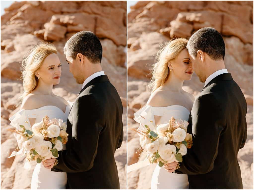 couple under golden sunlight in utah. forehead to forehead smiling at each other. on their moab elopement.