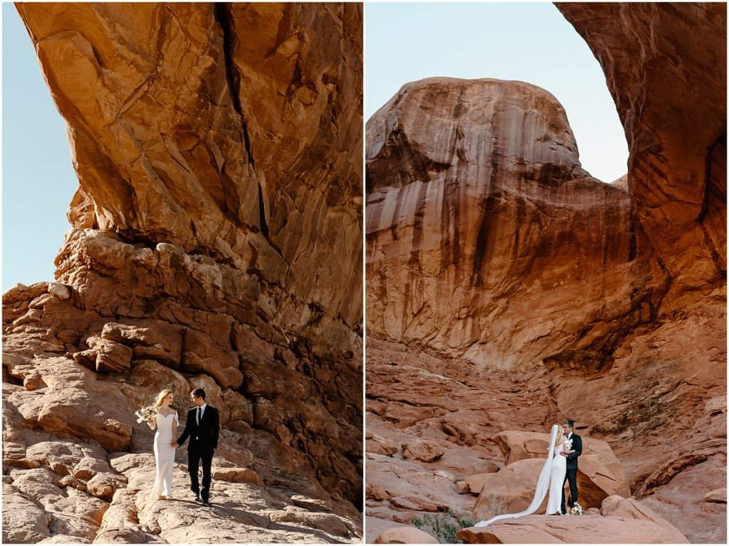 couple kissing after wedding ceremony. in moab utah for their elopement.