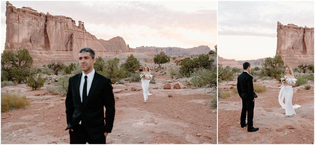 bride and groom first look in the utah canyons