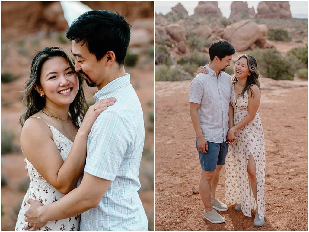 couple seen clearly in the front with the background blurry on their Arches National Park Adventure Session