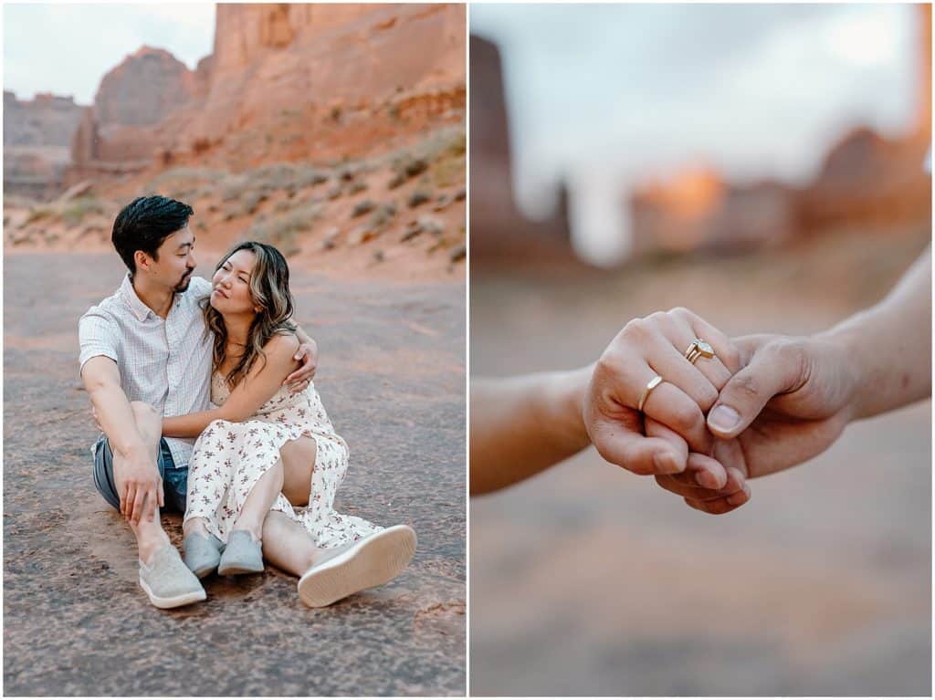 Couple seen in the front with the background blurry on their Arches National Park Adventure Session and a close up of hands with a wedding ring seen 