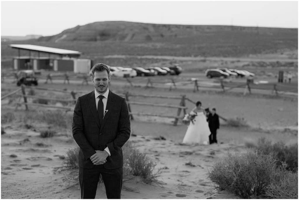 first look in black and white Horseshoe Bend Elopement