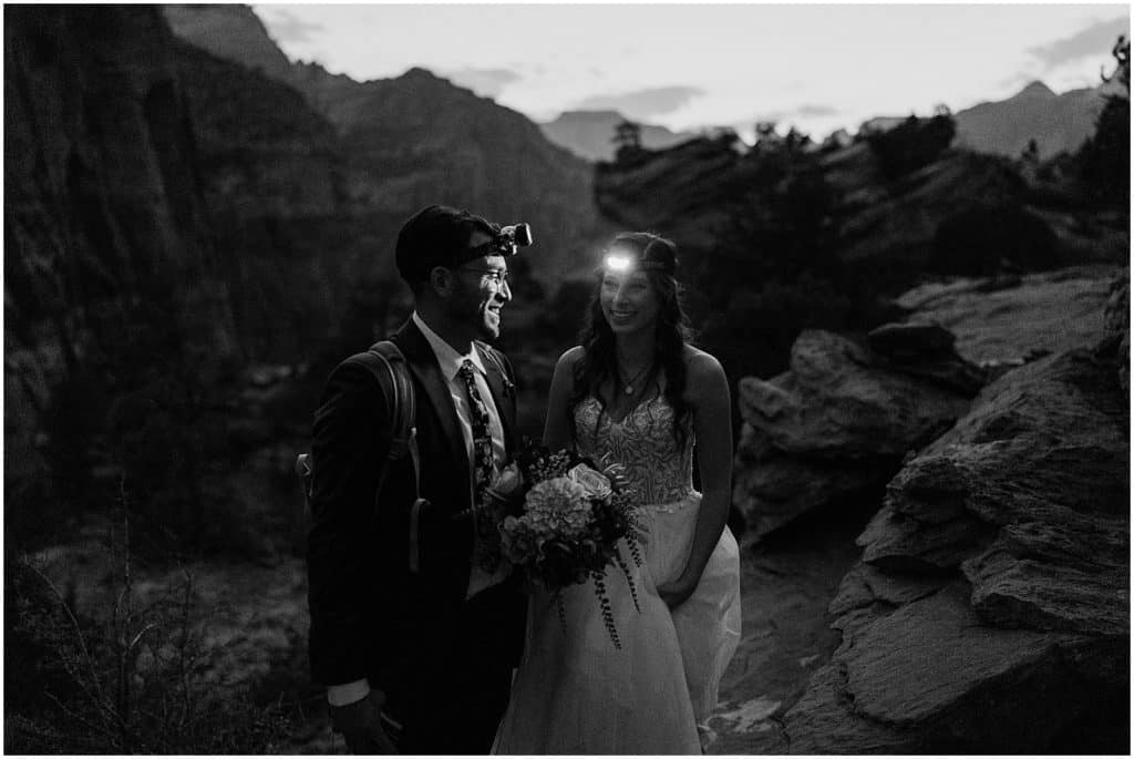 Zion Elopement at nighttime with headlamps in black and white