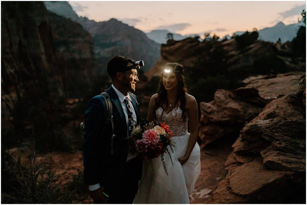 Zion Elopement at night time with headlamps