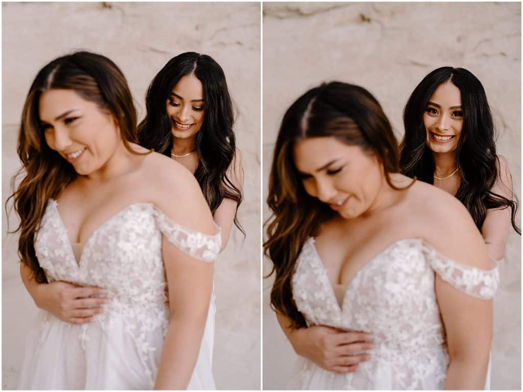 Southern Utah Elopement bridesmaid helping bride get dressed