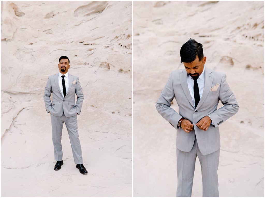 Southern Utah Elopement groom in gray suit