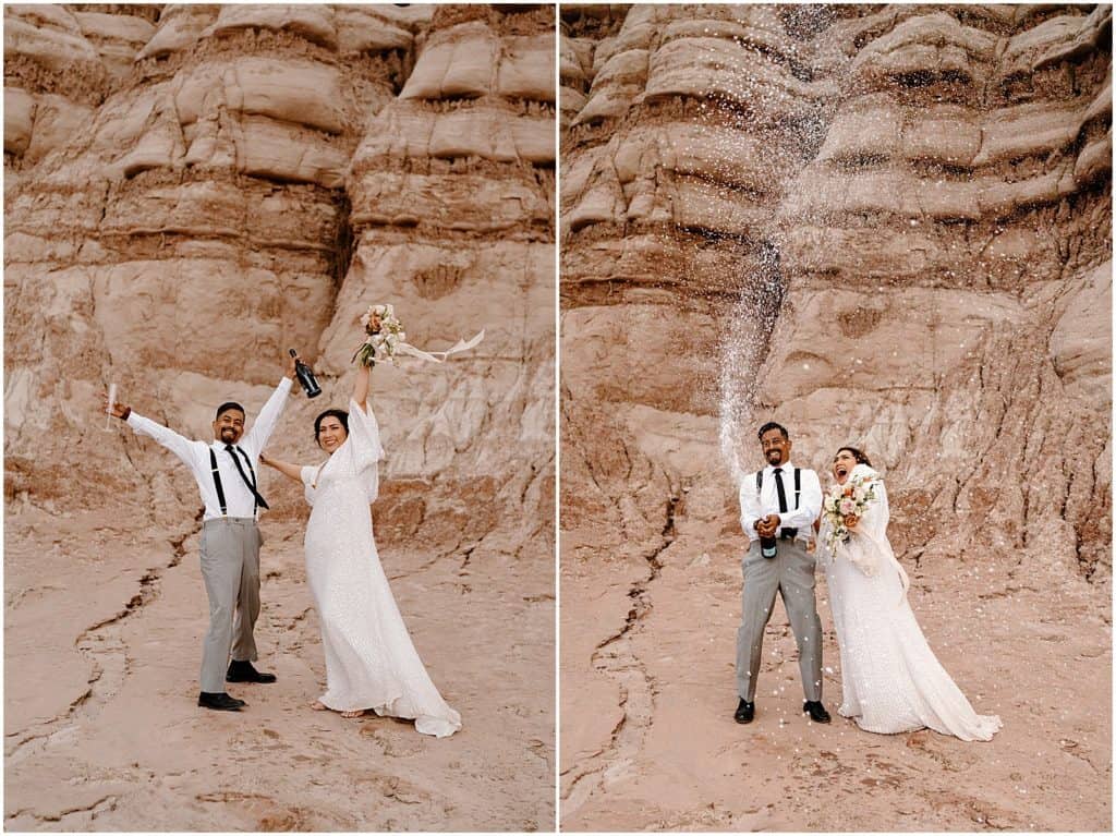Southern Utah Elopement bride and groom Champagne pop
