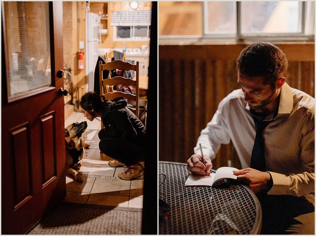 This side by side image shows a bride kissing her dog before the beginning of her Colorado adventure elopement. The other image shows the groom handwriting his vows that he'll read during his Colorado mountain wedding. 