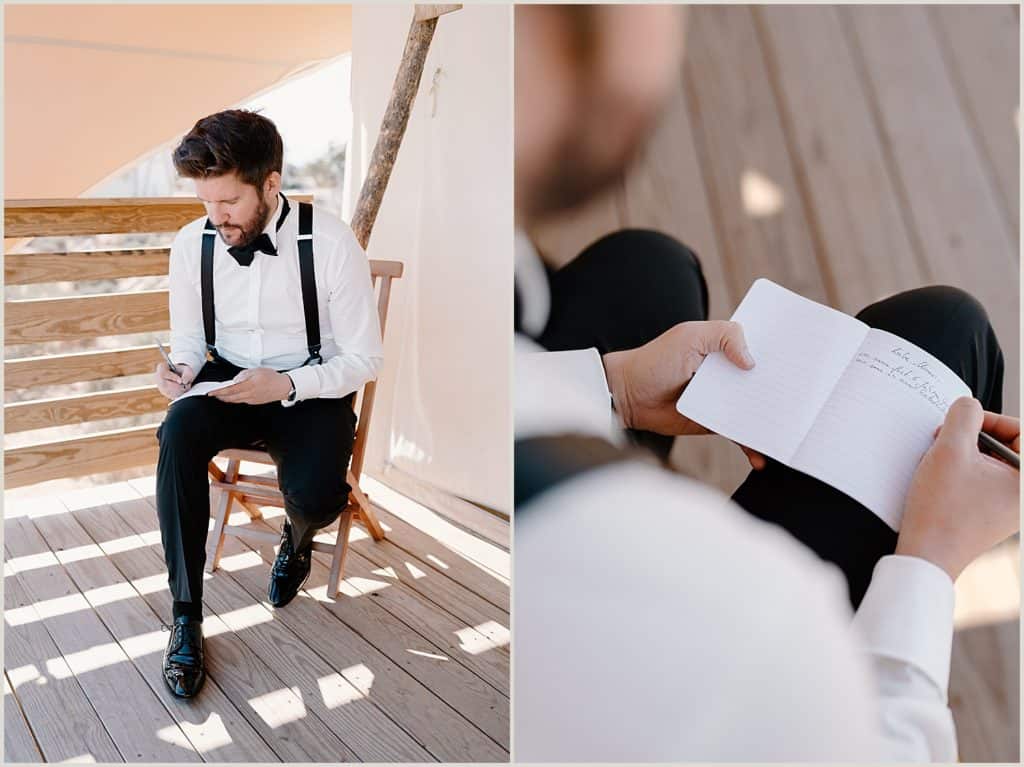 A groom writes his vows as he prepares for his adventure elopement in souther utah. 