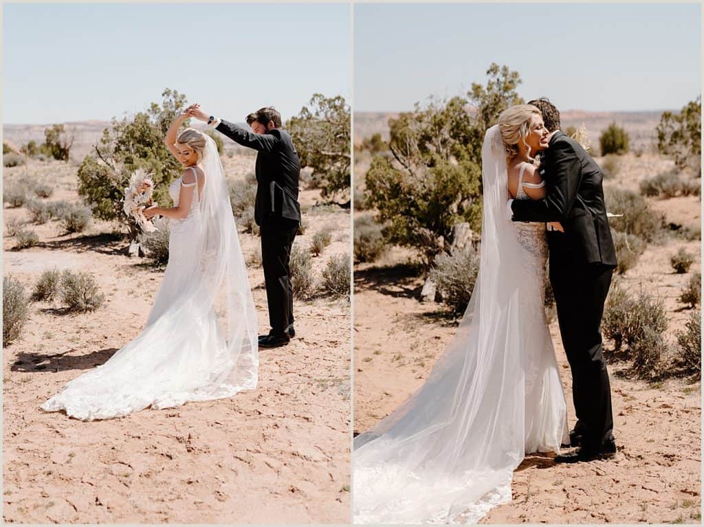 These side by side images show a bride and groom embracing and dancing after their first look during their southern Utah elopement.