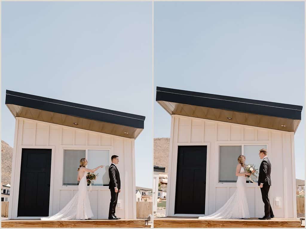 A bride and groom take part in their first look during their Zion National Park elopement. 