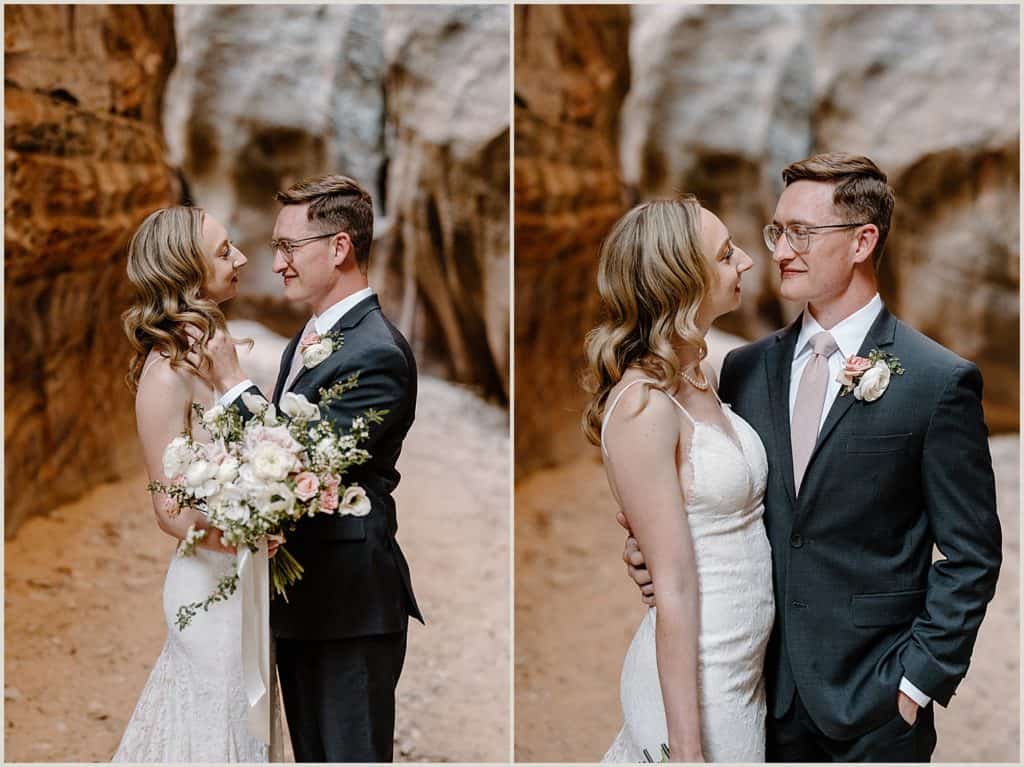 A bride and groom hold each other close in a slot canyon during their Zion National Park elopement. 