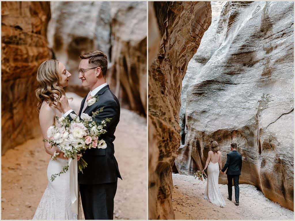 A bride and groom walk through a slot canyon together in Zion National Park. 