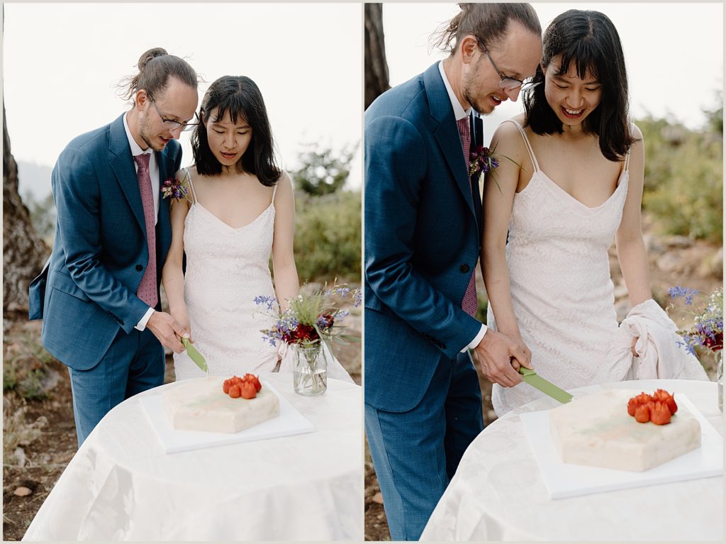 A bride and groom cut the cake during their Grand Teton National Park elopement ceremony. 