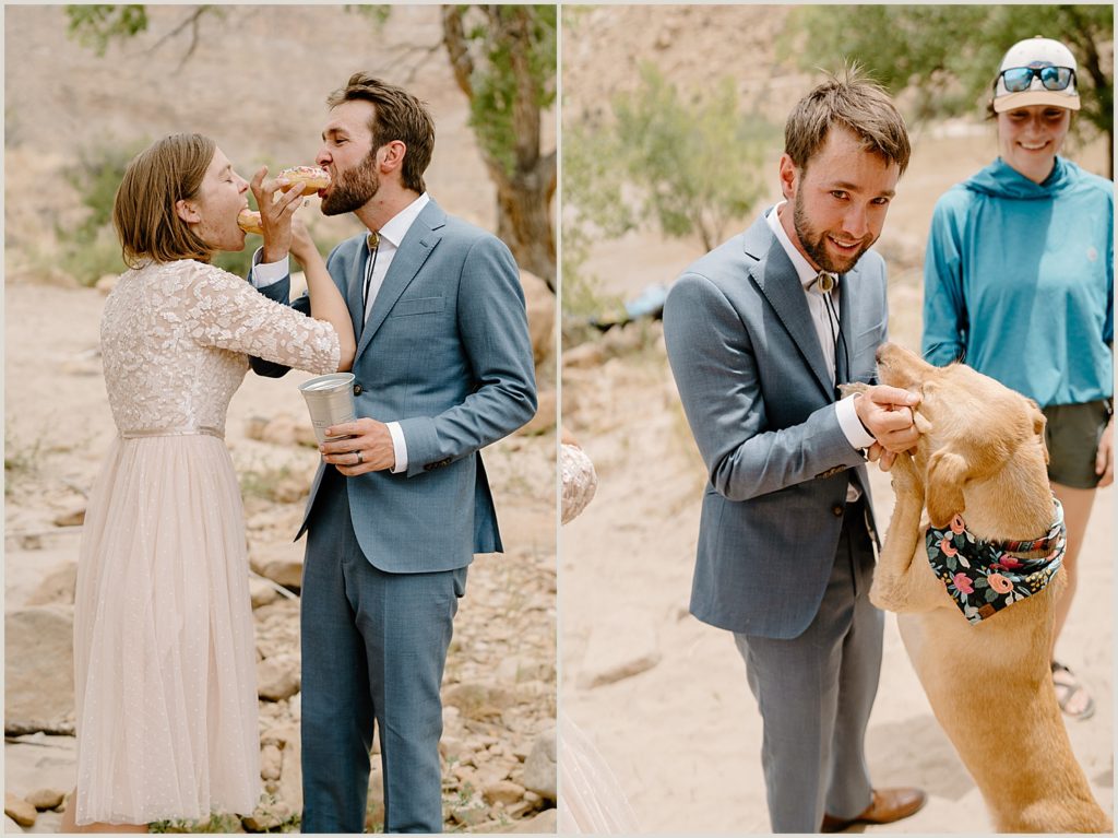 A bride and groom feed each other–and their adorable pup–a celebratory donut during their rafting elopement. 