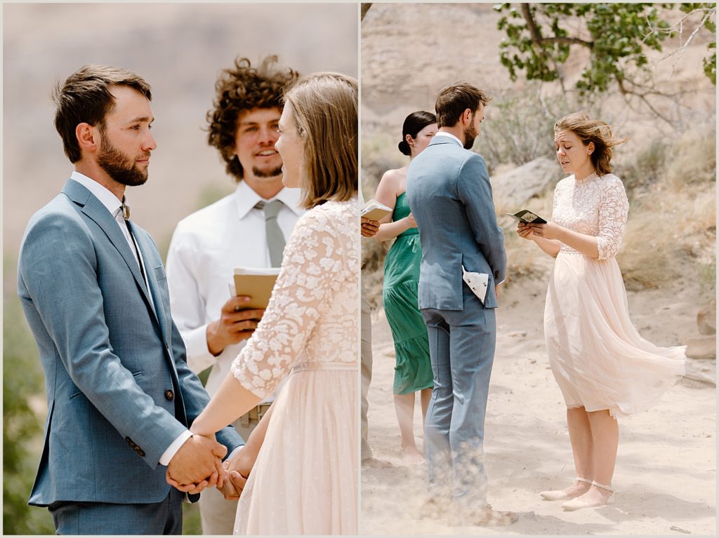 A bride and groom read each other their vows during their Moab, utah elopement ceremony. 