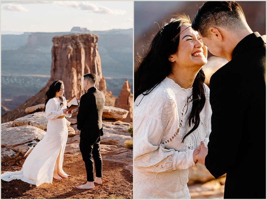 A bride and groom read each other their handwritten vows during their Moab adventure elopement ceremony atop a canyon overlook. 